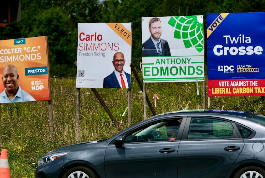 Candidate signs for the Preston by election are seen on Main Street near Westphal, August 7, 2023