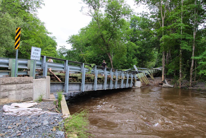 A bridge was heavily damaged on Clayton McKay Road near the Smileys Provincial Park and Campground in Brooklyn on July 21-22.  The bridge on Clayton McKay Road beside Smileys Provincial Park was washed out by flooding on July 22. A vehicle bridge at the park entrance will also have to be replaced. The park will remain closed for the rest of the 2023 season due to damaged infrastructure. JASON MALLOY