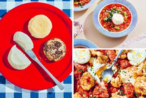 Clockwise from left: ġbejniet (sheep's milk cheeselets), kusksu (pasta bead and fava bean soup) and sausage and cauliflower with eggs and ġbejniet. PHOTOS BY SIMON BAJADA