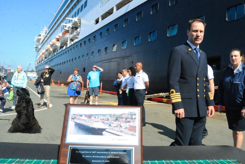 Marking a milestone

The City of St. John’s held a dockside celebration on the St. John’s waterfront on Saturday, Sept. 9 to mark the 150th anniversary of the Holland America cruise line. With his ship in the background, Holland America Zaandam, Capt. Michiel Willems presented a plaque in recognition of the role the city’s tourism department played with the cruise line's visits to the city over the years. Some 2,000 passengers were on the ship Saturday and took part in many tourist activities while docked.  —Photo by Joe Gibbons/SaltWire