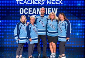 From left, Diane McNeil, Lezlee Tracey, Michael Sidney, Lisa Roach and Charlene Bradbury, all teachers from Glace Bay’s Oceanview Education Centre (OVEC), will square off against five educators from Scarborough, Ont.’s Cedarbrae Collegiate Institute as part of a Teachers’ Week edition of “Family Feud Canada,” scheduled to air Tuesday, Sept. 19, at 7:30 p.m. Atlantic time on CBC-TV. On the night the show is broadcast, OVEC will be hosting a viewing party at the school. Doors open at 6:45 p.m. and everyone is welcome. The date change, originally planned for Sept. 13, came as CBC-TV released its official schedule for the series in late August, weeks after the five taped their “Family Feud Canada” appearance. CONTRIBUTED