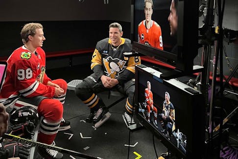 Sidney Crosby, right, and Connor Bedard hang out during this week's NHL media tour in Henderson, Nevada. - NHL.com