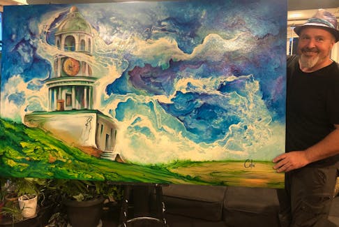 Fluid motion, vibrant colours and whimsical swirls can be seen in many of Colin Cook’s paintings, including this rendering of Citadel Hill clock tower. Rosalie MacEachern