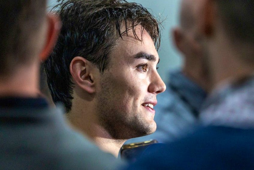 Sean Farrell meets reporters during Canadiens rookie camp at the CN Sports Complex in Brossard on Thursday.