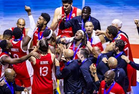 Canadian team celebrates after winning the FIBA Basketball World Cup 3rd Place game between USA and Canada at Mall of Asia Arena on September 10, 2023 in Manila, Philippines. 