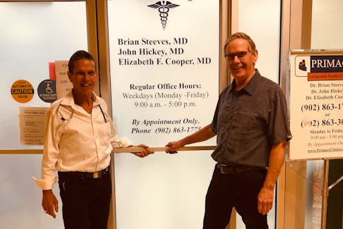 Brian Steeves, left, and John Hickey outside of their office in Antigonish. Both made the town their home and have practiced family medicine in the community for 49 years. Hickey, who is originally from Cape Breton, and Steeves, who grew up in Moncton, are retiring. - Emilie Chiasson