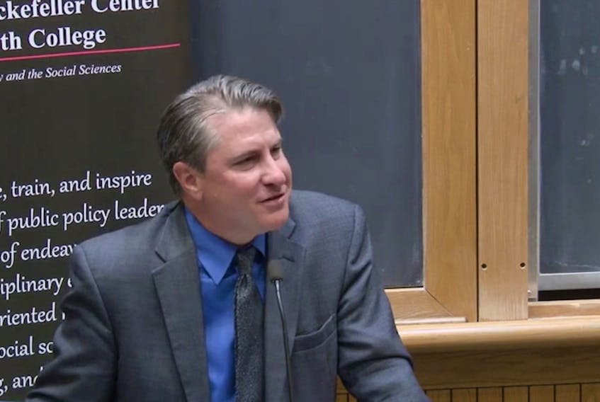 Patrick J. Deneen argues that liberalism is in retreat during a panel hosted by the Political Economy Project at Dartmouth College. Youtube screenshot