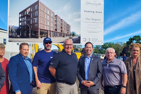The City of Summerside is partnering with developer Paul Jenkins on a new $18-million, five-storey commercial and residential building on what has become known as the Downtown Core Block. The new building will take up a significant footprint in the downtown and will include 40 residential units and 10,000 square feet of commercial space. From left are, councillors Rick Morrison, Barb Gallant, Cory Snow, builder Tyler MacDonald, developer Paul Jenkins, Mayor Dan Kutcher, and councillors Bruce MacDougall and Norma McColeman. Colin MacLean