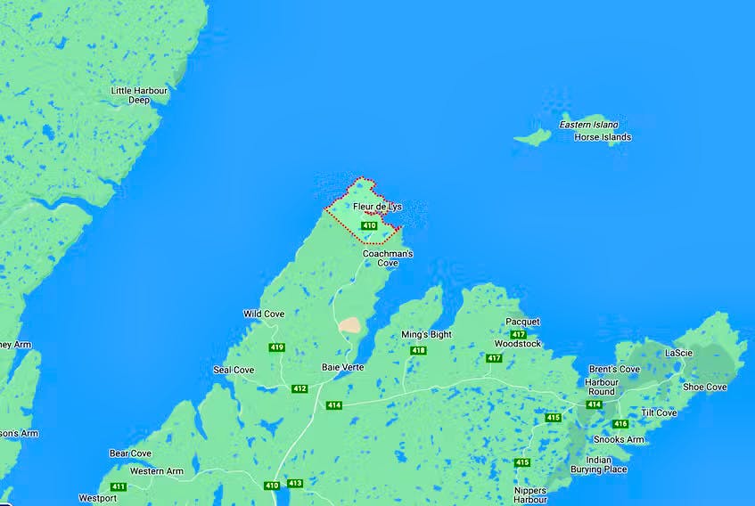 Fleur de Lys is on the northeast coast of the island of Newfoundland. Google Maps screenshot.