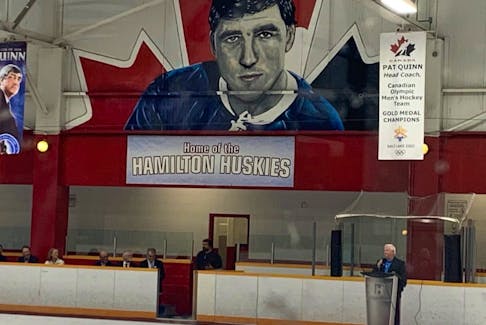Maple Leafs broadcaster Joe Bowen speaks during a rededication ceremony at Pat Quinn Parkdale Arena in Hamilton. A new 50-foot wall mural was unveiled during the ceremony.