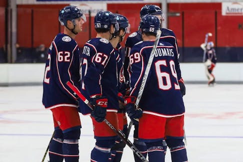 Halifax Mooseheads winger Jordan Dumais celebrates with teammates after a Columbus Blue Jackets goal in NHL rookie tournament play in Traverse City, Michigan on Saturday. - Columbus Blue Jackets