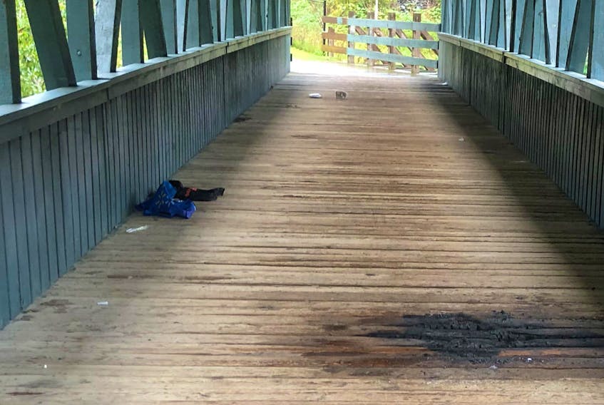 Suspected arson damage was discovered on the Pioneer Trail Kinsmen Bridge in New Glasgow before 7 a.m. Sept. 17 - Contributed