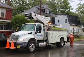 A Nova Scotia Power truck ready to take off towards it's next destination after it fixes some wires on Brunswick Street in Truro, N.S. Saturday evening. Brendyn Creamer