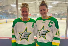Assistant captain Cassie Gordon, left, and team captain Renée Chapman are the only two third-year under-18 players with the Down East Auto Parts Stars. The Stars play in the Maritime Major Under-18 Female Hockey League.