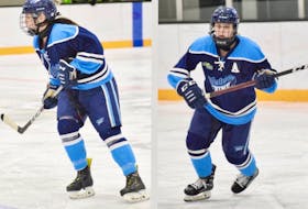 Gracie Greenan, left, and Annie-Pier Morency, are forwards with the Western Wind. The Wind is in the team’s second season playing in the nine-team Maritime league.