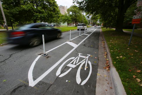 Dedicated bike lanes have opened on University Ave. (west of Robie St.) in Halifax, Monday, August 29, 2016. The Dalhousie Bike Society is happy and excited to see the lanes open prior to the start of school, says Society president Kara Martin. STAFF / Chronicle Herald photo