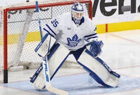 Goaltender Ilya Samsonov #35 of the Toronto Maple Leafs warms up prior to the game against the Florida Panthers at the FLA Live Arena on April 10, 2023 in Sunrise, Florida. 