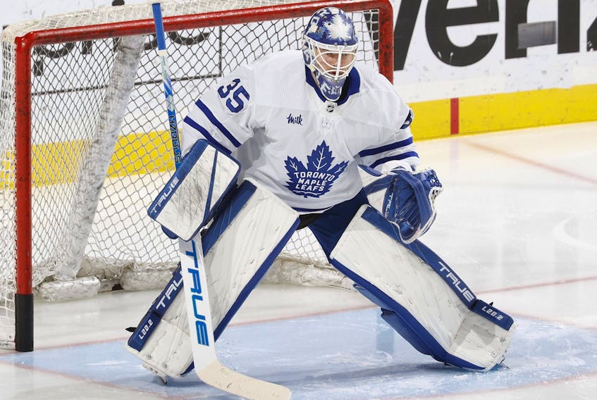 Goaltender Ilya Samsonov #35 of the Toronto Maple Leafs warms up prior to the game against the Florida Panthers at the FLA Live Arena on April 10, 2023 in Sunrise, Florida. 