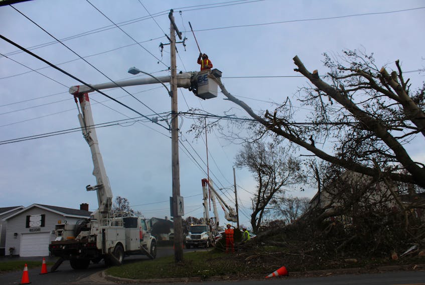 Contractors working with Nova Scotia Power work on power line issues near a fallen tree in New Waterford after post-tropical storm Fiona in 2022. IAN NATHANSON/CAPE BRETON POST