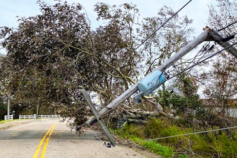 Just one of many cracked power poles that came down on power lines, sending thousands of people around New Waterford and area into darkness, some for over a week during post-tropical storm Fiona in 2022. CONTRIBUTED