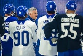 Maple Leafs head coach Sheldon Keefe leads training camp at the Ford Performance Centre in the Etobicoke area of Toronto on Thursday, Sept. 21, 2023. 