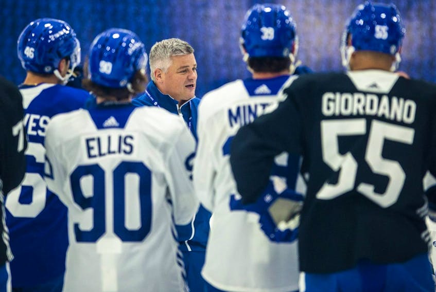 Maple Leafs head coach Sheldon Keefe leads training camp at the Ford Performance Centre in the Etobicoke area of Toronto on Thursday, Sept. 21, 2023. 