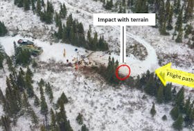 Aerial view of the aircraft accident site in Goose Bay, Labrador, on Dec. 14, 2022. The pilot of the small plane died in hospital some hours later while the passenger was treated in hospital for serious injuries. — Transportation Safety Board report.