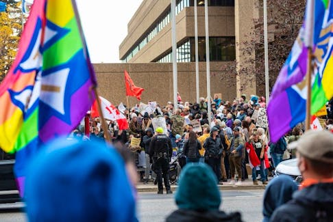 1 Million March 4 Children supporters gathered to protest teaching gender diversity in schools outside Harry Hays building in downtown Calgary were countered by a LGBTQ2S+ support group on Sept. 20, 2023. 