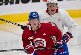 MONTREAL, QUE.: SEPTEMBER 21, 2023 --  - Montreal Canadiens Cole Caufield (22) and Miguel Tourigny (93) during Habs training camp in Brossard on Thursday September 21, 2023.
