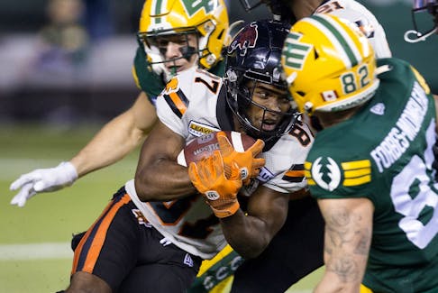 B.C. Lions returner Terry Williams (87) carries the ball against the Edmonton Elks at Commonwealth Stadium in Edmonton on Friday, Sept. 22, 2023.