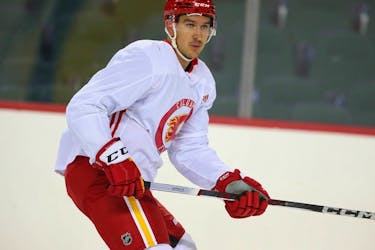 Calgary Flames forward Mikael Backlund takes part in training camp at the Saddledome on Thursday, Sept. 21, 2023. 