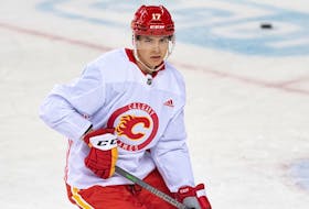 Calgary Flames Yegor Sharangovich during team practice at the Scotiabank Saddledome on Sunday, September 24, 2023.