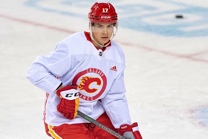 Calgary Flames Yegor Sharangovich during team practice at the Scotiabank Saddledome on Sunday, September 24, 2023.