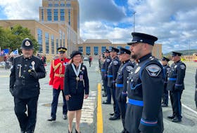 Her Honour, Judy Foote, Lieutenant-Governor of Newfoundland and Labrador, inspects police and peace officers during the Newfoundland and Labrador Police and Peace Officer’s Association (NLPPOA) Police and Peace Officer Memorial Day ceremony Sunday, September 24th.,at the Confederation Building monument site. With Her Honour is parade commander retired RNC Sgt. Robert Escott and her Aid-de-Camp, retired RCMP Staff-Sgt. Major Doug Pack.
-Saltwire photo by Joe Gibbons/The Telegram