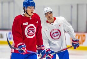 First round draft picks David Reinbacher, left, and Logan Mailloux will be on the ice at the Bell Centre tonight against the Devils in pre-season action.