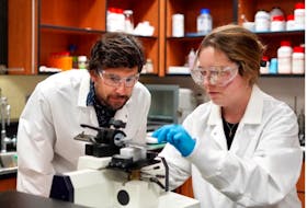 Dr. Sam Veres (left) works in a research lab with Amanda Lee, who will complete her Master of Science in Applied Science degree this fall at Saint Mary’s University.  PHOTO CREDIT: Danielle Boudreau.