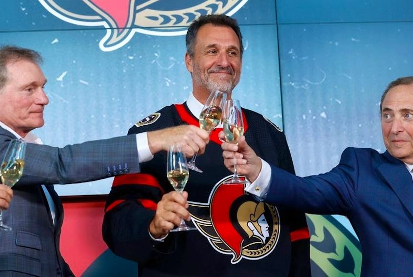 The introduction of Michael Andlauer as the new Ottawa Senators owner took place at Canadian Tire Centre in Ottawa Friday. Cyril Leeder, Ottawa Senators President (left), Sen's owner Michael Andlauer and NHL Commissioner Gary Bettman attending Friday's announcement.