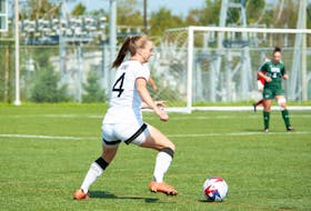 The UNB Reds’ Heidi Lauwerijssen, 4, controls the ball during an Atlantic University Sport (AUS) Women’s Soccer Conference game against the UPEI Panthers in Charlottetown on Sept. 24. Lauwerijssen, from Kensington, scored in extra time to lift UNB into a 2-2 tie. Janessa Vanden Broek/UPEI Athletics • Special to The Guardian