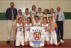 The 2008-09 Middleton Regional High School (MRHS) Wolverines senior girls’ basketball team is being inducted into the Middleton Sports Heritage Wall of Fame on Sept. 30. Team members, front row, from left, are Jani Martinius, Carly Gillis, Sam Elliott, Kailee Hebb and Elizabeth Baker. Second row, coach Nick Baskwill, Janyne Crocker, Kerstin Wetter, Kelsey Adams, Lindsay Roy, Abby Koens, Jenay Armstrong and coach Greg Bower.   
Contributed