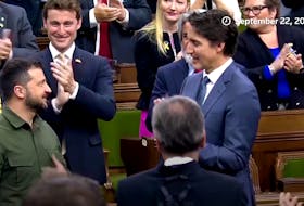 Prime Minister Justin Trudeau, right, welcomes Ukrainian President Volodmyr Zelenskyy to the Canadian House of Commons on Friday, Sept. 22, 2023. Later in the proceedings, the two men joined the rest of the attendees to applaud a 98-year-old Ukrainian Canadian who, it later transpired, had fought in the Second World War on the side of the Nazis.