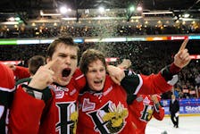 Pictures of the Year 2013 POY
May 10, 2013-- Halifax Mooseheads' Jonathan Drouin and Andrew MacKinnon celebrate their 5-1 victory over Baie-Comeau Drakkar during game 5 of QMJHL playoff action at the Halifax Metro Centre on Friday. (INGRID BULMER/Staff)