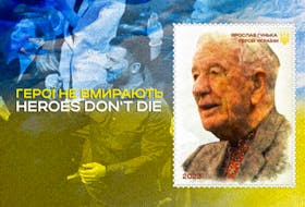 A fake Ukrainian stamp posted by the Russian embassy in London uses the Yaroslav Hunka incident in Canada's House of Commons for propaganda purposes. 