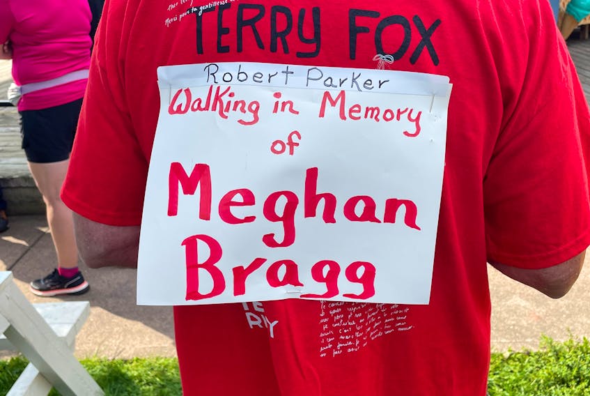 Warden Robert Parker participated in the Terry Fox Walk that took place Sunday, Sept. 24 on the Pictou waterfront. His shirt was decorated with a sign that stated he was walking in memory of Westville town councillor Meghan Bragg. Sarah Jordan