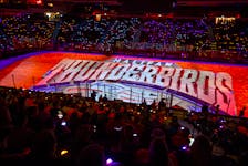 A Halifax Thunderbirds logo is projected onto the Scotiabank Centre floor during a pre-game ceremony prior to the Halifax Thunderbirds first-ever game against the New York Riptide in 2019. The Thunderbirds will open their 2023-24 season at home Dec. 2 against the Saskatchewan Rush. - Ryan Taplin / The Chronicle Herald