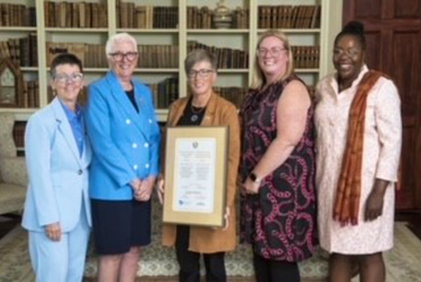 On hand for the Sept. 20 awards presentation are, from left, Linda Boyle, spouse of the Lieutenant-Governor; the Honourable Brenda Murphy, Lt. Governor of NB; Gail Costello, Co-Chair, Pride in Education; Christina Barrington, Co-Chair PIE and Phylomène Zangio, Chairperson of the New Brunswick Human Rights Commission.