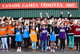 Members of the Cape Breton Blizzard Female Hockey Association and the Cape Breton Capers women’s hockey team cheer in front of the Canada Games Complex in Sydney in this May 2022 file photo. A community celebration will be held on Friday to kick off Kraft Hockeyville weekend, which will wrap up with an NHL pre-season game at Centre 200 in Sydney on Sunday. JEREMY FRASER/CAPE BRETON POST.