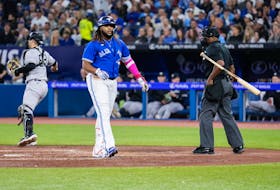 Blue Jays' Vladimir Guerrero Jr. reacts to striking out against the New York Yankees with the bases loaded to end the third inning at the Rogers Centre on Sept. 26, 2023 in Toronto.