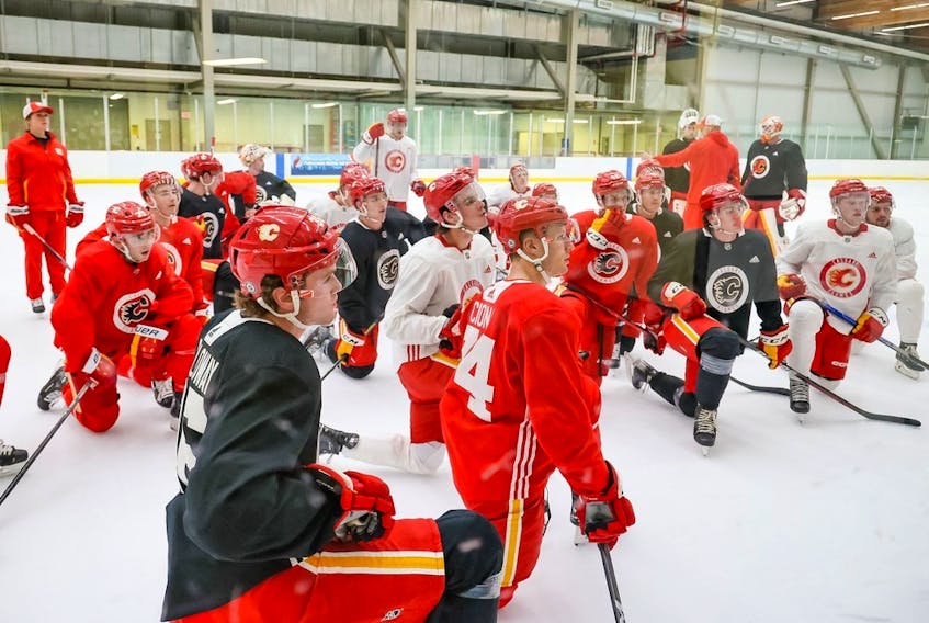 Players take part in the 2023 Calgary Flames Prospects Training Camp at WinSport in Calgary on Thursday, Sept. 14, 2023. 