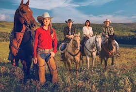 Amber Marshall, Chris Potter, Michelle Morgan and Shaun Johnston in Season 17 of Heartland. Photo coutesy of CBC/Leah Hennel.