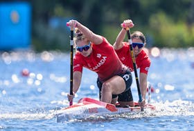 Canada's Sloan MacKenzie, left, of Windsor Junction and Katie Vincent of Mississauga captured the bronze medal in the women's C1 500 metres at the ICF Canoe-Kayak Sprint World Championships in Duisburg, Germany, on Saturday. Vincent won three gold medals on Sunday in the C1 500, C1 5,000 and the C2 mixed 500 with Dartmouth's Connor Fitzpatrick. Canoe Kayak Canada/canoephotography.com